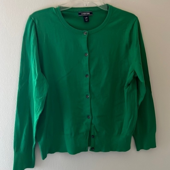 Land’s End green basic fine knit buttoned down long sleeves cardigan Sz L/P - Picture 2 of 6